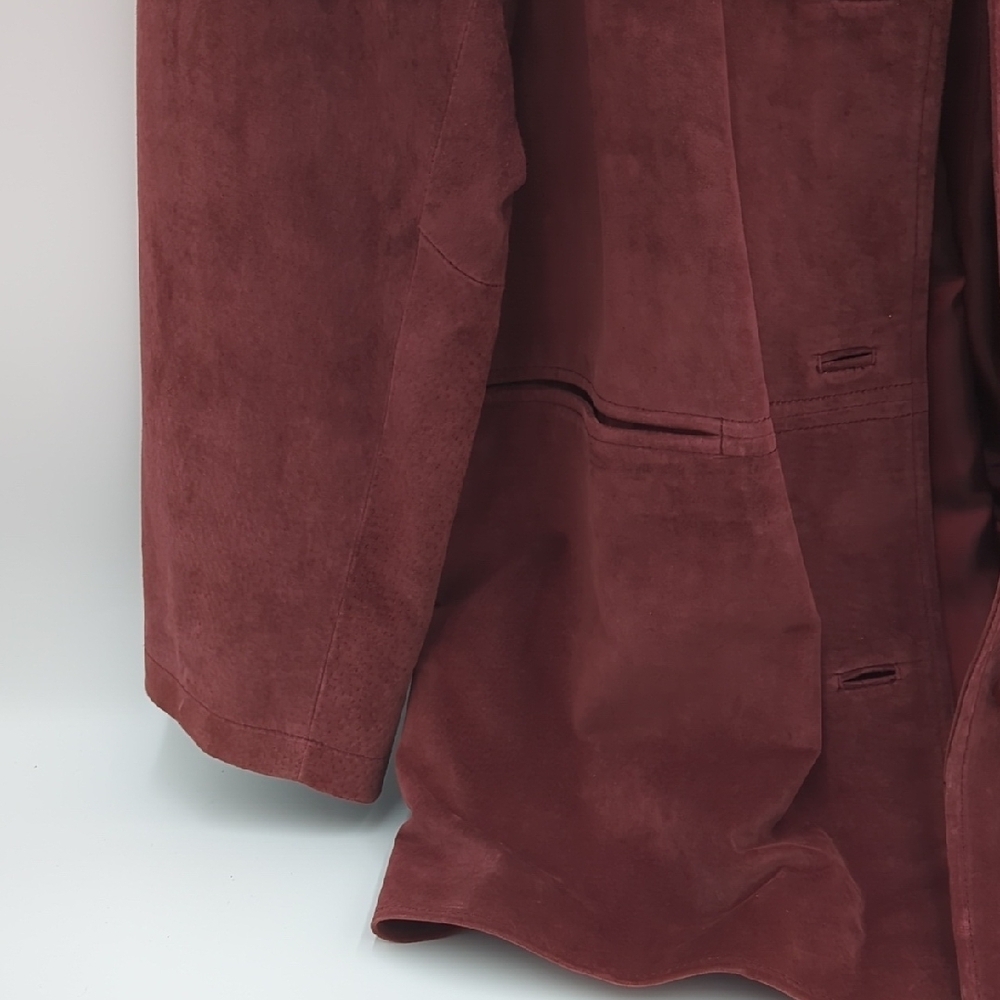 VTG ISZ Leather Suede Jacket Longline Button front Blazer Coat Soft XL Burgundy - Picture 3 of 13